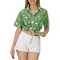 HAPPY BAY Hawaiian Shirts Womens Cotton Linen Effect Summer Button Down Holiday Beach Party Tropical Vacation Casual Shirt Short Sleeve Tunics Blouses for Women S Olive, Flamingo