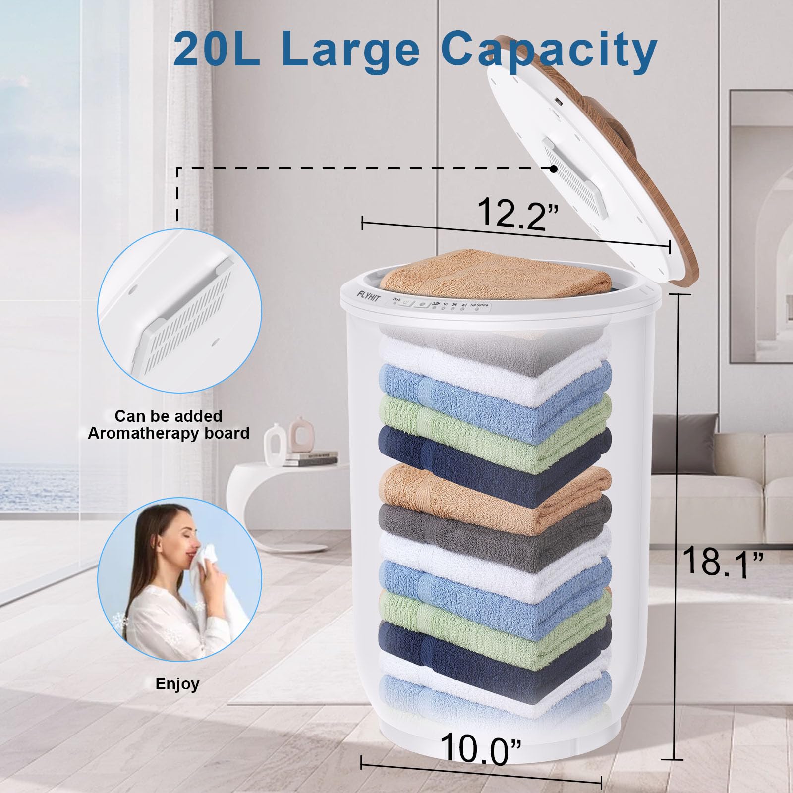 FLYHIT Luxury Towel Warmers for Bathroom - Wooden Lid, Large Towel Warmer Bucket, Auto Shut Off, Fits Up to Two 40
