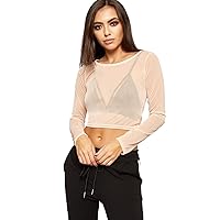 New Women Ladies Party Sheer Plain Mesh Long Sleeve See Through Stretch Crew Neck Cropped Length Shirt Top