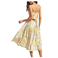 MakeMeChic Women's Floral Print Cami Dress Tie Back Sleeveless Ruffle A Line Summer Midi Dress