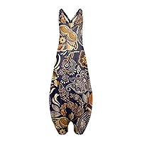 Women's Rompers for Summer Bohemian Print Loose Large Size Casual Sleeveless Strappy Jumpsuit Rompers Dressy
