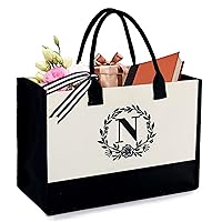 BeeGreen Monogram Initial Canvas Bag with Inner Zipper Pocket Embroidery Personalized Tote for Mom Teacher Friend