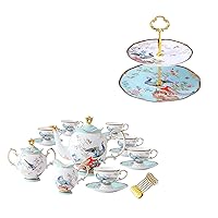 ACMLIFE Bone China Tea Set - Tea Cups and Saucers 21-Piece with 2-Tier Afternoon Tea Stand Porcelain Serving Stand Cupcake Stand