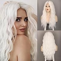 White Wig Long Curly Wavy Snow White Wigs for Women 24 Inch Middle Part Natural Wave Synthetic Lace Wig for Cosplay Halloween Party Costume Use