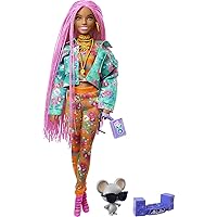 Barbie Extra Doll & Accessories with Long Pink Braids in Teal Floral Jacket & 2-Piece Floral Outfit with DJ Pet Mouse