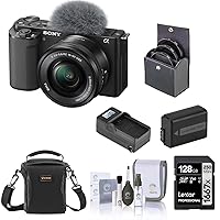 Sony ZV-E10 Mirrorless Vlog Camera with 16-50mm Lens, Black - Bundle with 128GB SD Card, Shoulder Bag, Extra Battery, Charger, 40.5mm Filter Kit, Cleaning Kit