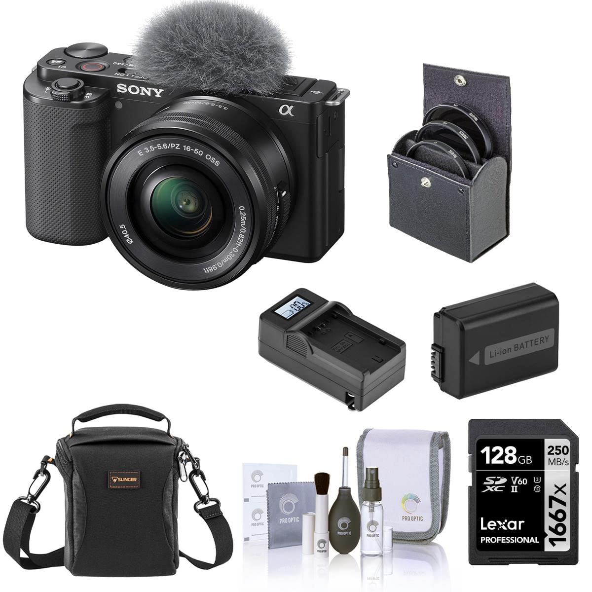 Sony ZV-E10 Mirrorless Camera with 16-50mm Lens, Bundled with,128GB SD Memory Card, Shoulder Bag, Extra Battery Pack, Smart Charger, 40.5mm Digital Essentials Filter Kit (8 Items)