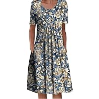 XJYIOEWT Winter Dress,Summer Women's Casual Round Neck Pocket Short Sleeved Printed Dress Temperament Long Dress Dress C