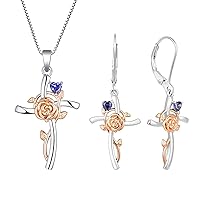YL Cross Pendant Necklace 925 Sterling Silver Flower Rose Crucifix Dangle Earrings Created Tanzanite Criss Jewelry for Women