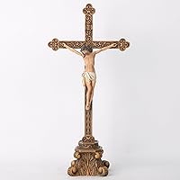 BC Catholic Standing Crucifix for Altar, Tabletop Religious Cross, Religious Gift to Mon, Hand Painted in Metal Gold and Realistic Finish, 14.75