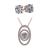 Central Diamond Center Pure Brilliance 4 Prong 1.50ctw Round Stud Earrings & Double Oval Dancing Stone Necklace Jewelry Set (R)