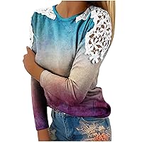 Blouses for Women Dressy Casual Crochet Lace Long Sleeve T Shirts Trendy Print Hollowed Out Tops O-Neck Slim Fit Shirt