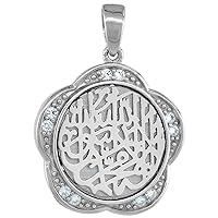 Sterling Silver AL SHAHADA Floral Islamic CZ Pendant, 5/8 inch in Diameter
