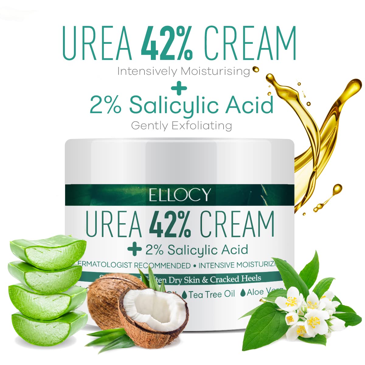 Ellocy Urea 42% Foot Cream for Dry Cracked Heels, Salicylic Acid, 5.29 Oz, Cracked Heel Repair for Dry Cracked, Callus Remover, nail repair cream, foot lotion for dry cracked feet