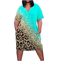 Women Plus Size T Shirt Dress Leopard Print Short Sleeve V Neck Summer Casual Sundresses Knee Length Dress with Pocket