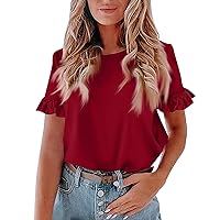 Women Fashion Tops Peplum Tops for Women Summer Solid Color Casual Classic Versatile Elegant with Short Sleeve Round Neck Shirts Red X-Large