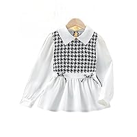 Girls Houndstooth Print Contrast Collar Blouse