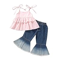 New Born Babies Girls' Clothing Striped Suspenders Denim Flared Pants 2 Piece Girls' Suit Set Checke Sweatsuit (Pink, 3-4 Years)