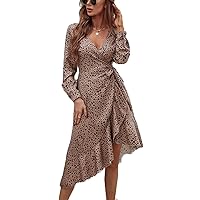 Summer Dresses for Women 2022 Allover Print Knot Side Ruffle Hem Wrap Dress Dresses for Women (Color : Multicolor, Size : X-Small)