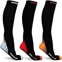 Physix Gear Sport 3 Pairs of Compression Socks for Men & Women in (Black/Grey + Black/Orange Black/Red) S-M Size