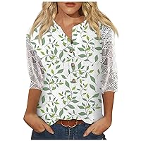 3/4 Length Sleeve Womens Tops,Women Fall V Neck 3/4 Sleeve Shirts Print Lace Casual Button Blouse Loose Work Tunic Tops