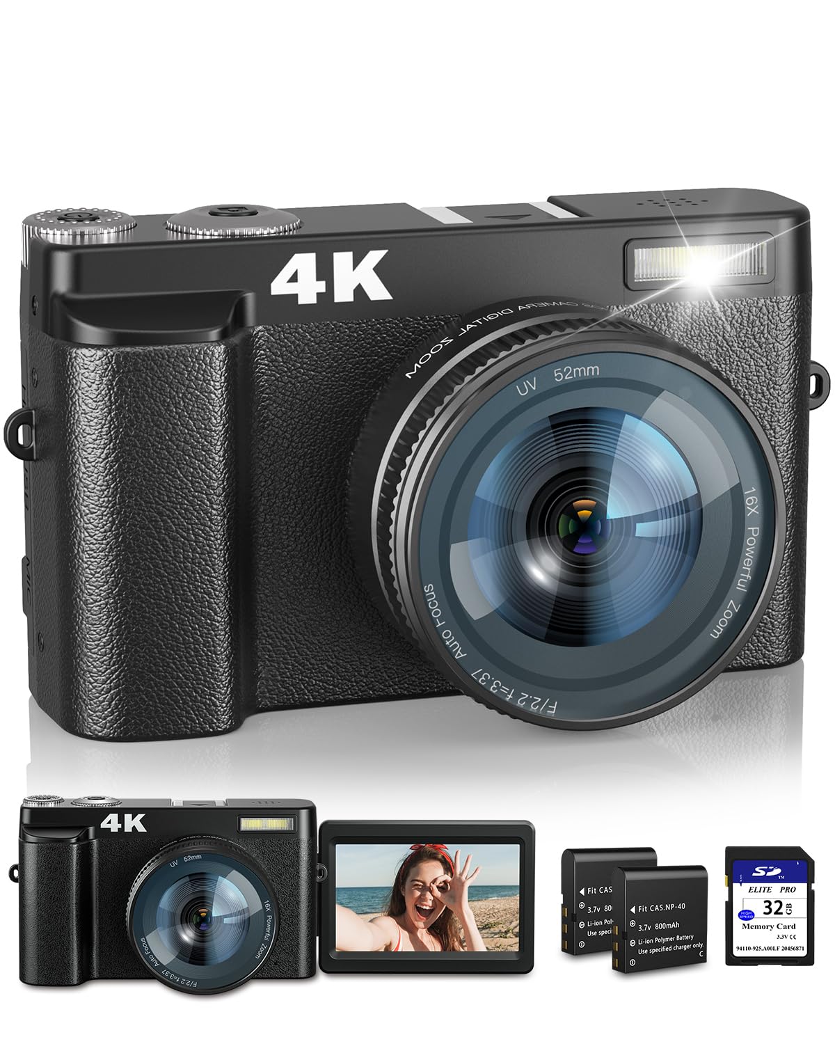 4K Digital Camera with Flash & Selfie, 48MP Camera for Photography with Autofocus 16X Zoom, Anti-Shake Vlogging Camera Compact Travel Digital Cameras with Flip Screen, 32 GB SD Card, Two Batteries