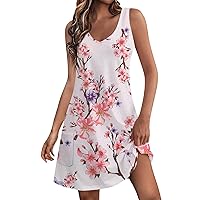 Womens Spring Dresses Casual Sleeveless Dress Printed V Neck Dresses Beach Summer Sundress Boho Dresses with Pockets