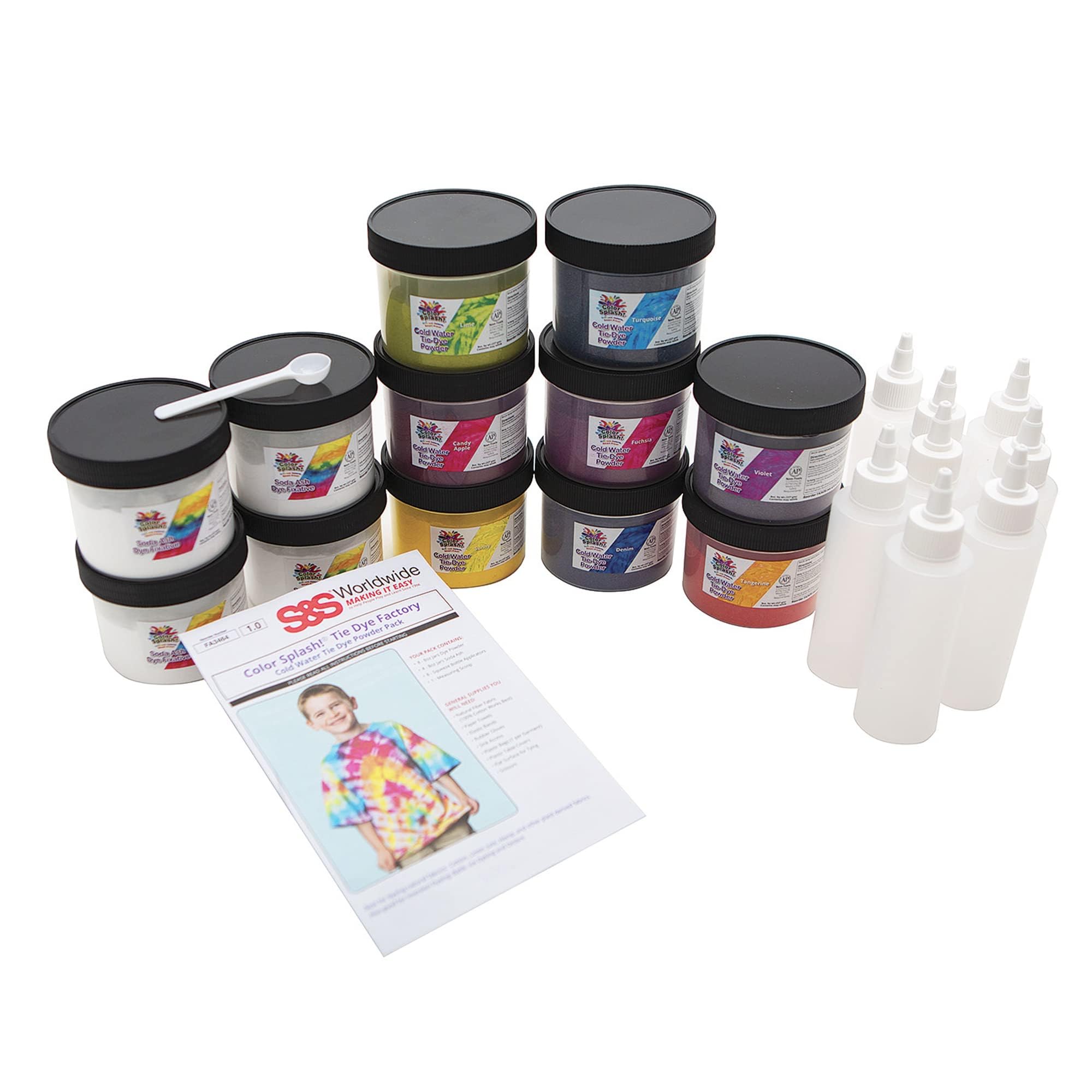 S&S Worldwide Color Splash! Cold Water Tie Dye, 8 Colors Dye Powder + Soda Ash, 8oz Jars, Applicator Bottles, Measure Scoop, Just Add Water, For Groups, Tie-Dye, Batik, Ice Dye, Non-Toxic, 12 Jar Set