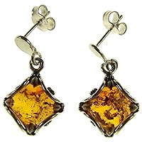 Baltic amber and sterling silver 925 cognac diamond shape dangling stud earrings jewellery jewelry