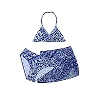 SHENHE Girl's 3 Pieces Bathing Suits Halter Bikini Boho Swimsuits with Cover Up Skirt