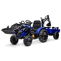 3 in 1 Ride on Tractor, GAOMON Excavator & Bulldozer, 24V Electric Vehicle w/Trailer, Shovel Bucket, Digger, Remote Control, EVA Tires, LED Lights, Music, USB & Bluetooth, Kids Ride on Car Toys, Blue