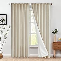 jinchan Oat Linen Curtains 96 Inches Long for Living Room Farmhouse Curtains with Lined Rod Pocket Back Tab Light Filtering Window Drapes with Lined for Bedroom Curtains 2 Panels Oat
