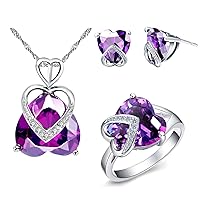 Uloveido Big Heart Pendant Necklace Stud Earrings and Love Ring Crystal Wedding Jewelry Set for Women (Red Purple) T086