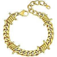ChainsHouse Gothic Punk Barbed Wire Thorns Bracelet Mens Stainless Steel Brambles/Cuban Link Chain Bracelet, Hip Hop Rock Cool Jewelry, 6/8/13mm Wide, 7