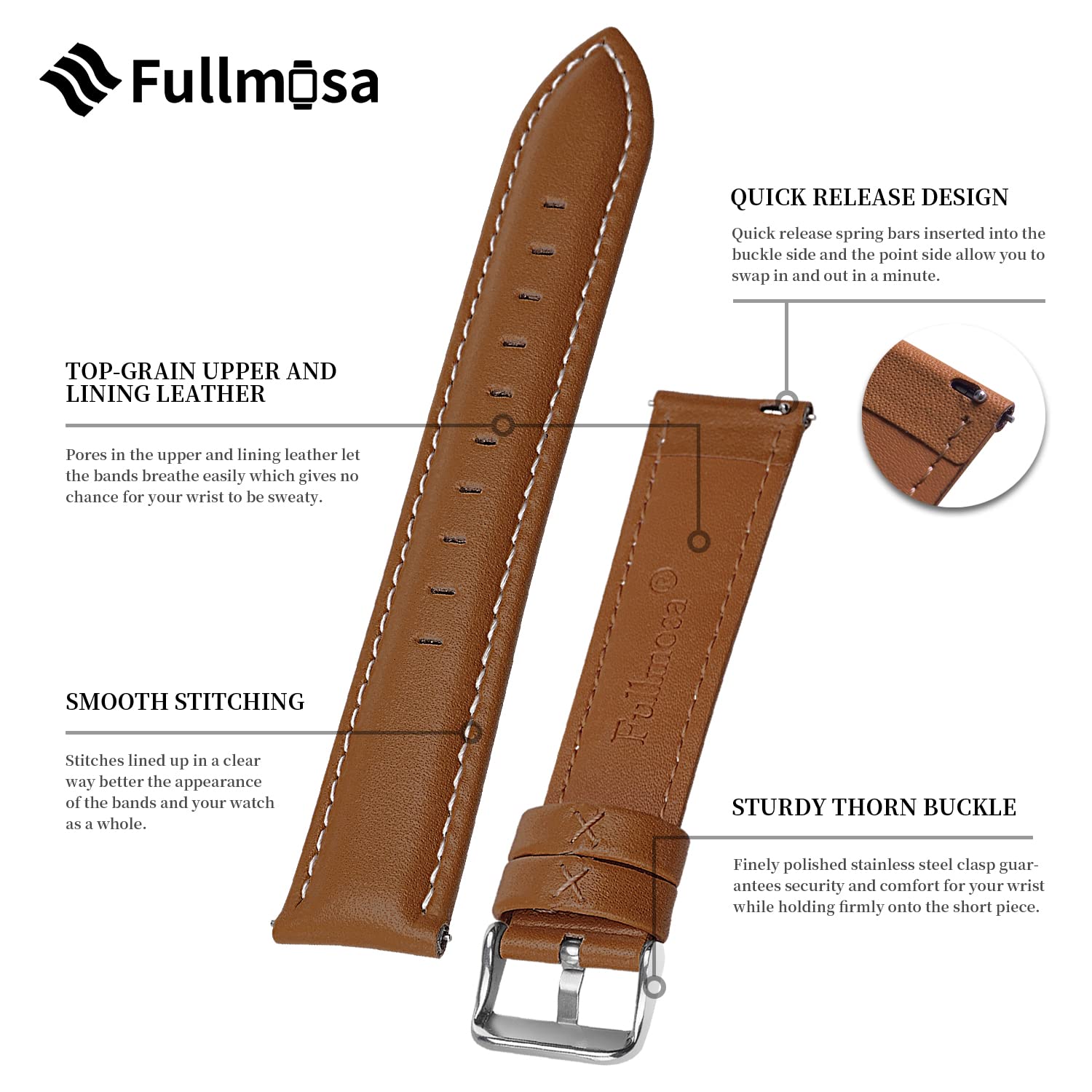 Fullmosa Genuine Leather 14mm 16mm 18mm 19mm 20mm 22mm and 24mm Watch Bands, Quick Release Watch Band for Men and Women, Fits Samsung Galaxy Watch 5/4/3,Garmin Watch,Huawei Watch