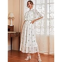 Women's Dress Coconut Tree Print Mandarin Collar Cloak Sleeve Ruffle Hem Dress Dress for Women (Color : White, Size : X-Small)