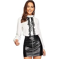 SheIn Women's Elegant Tied Lace Panel Frill Neck Blouse Long Sleeve Top Blouse White