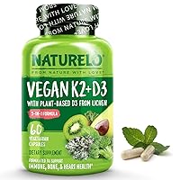 NATURELO Vegan K2+D3 - Plant Based D3 from Lichen - Natural D3 Supplement for Immune System, Bone Support, Joint Health - Whole Food - Vegan - Non-GMO - Gluten Free,Capsule (60 Count (Pack of 1))