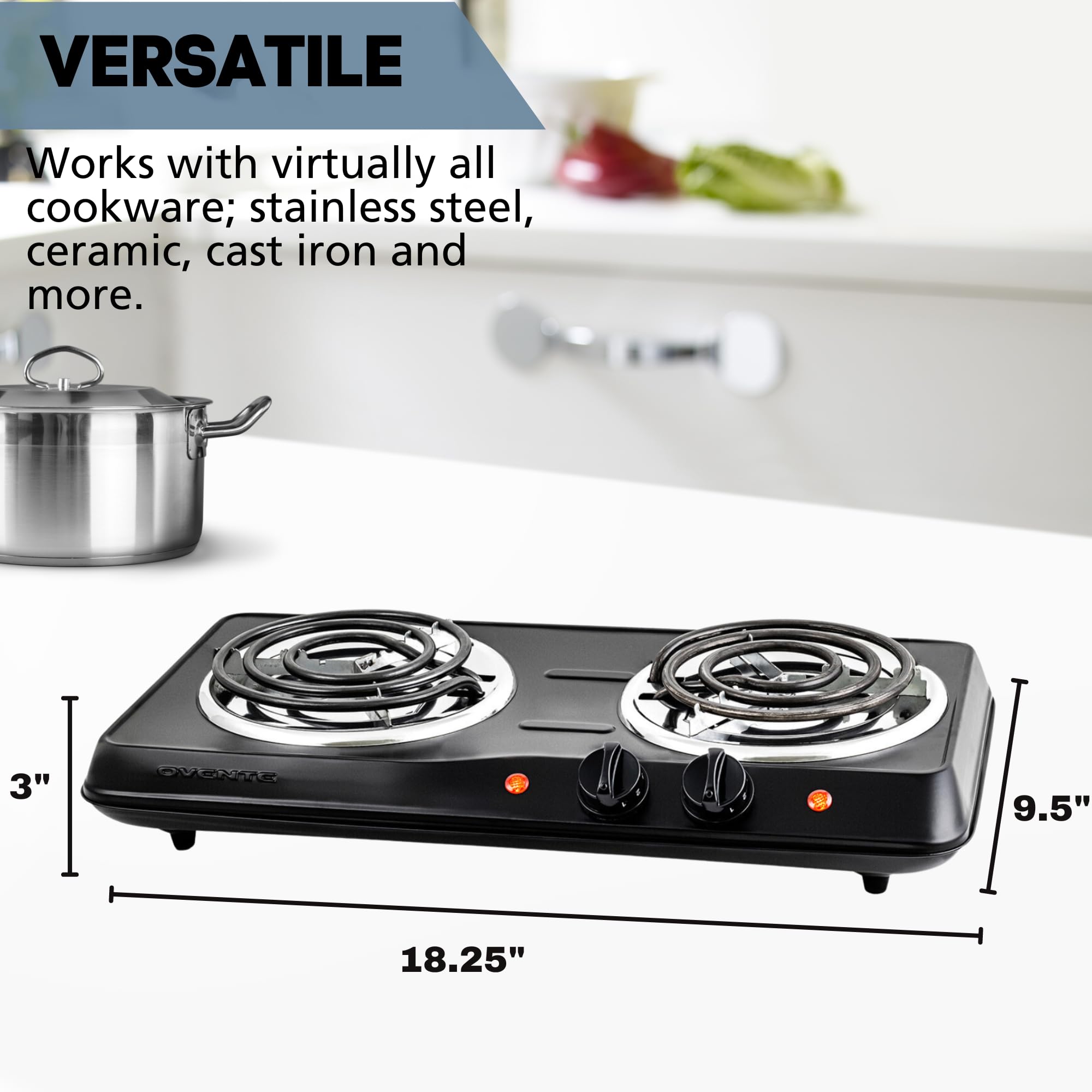 OVENTE Electric Double Coil Burner 6 & 5.75 Inch Hot Plate Cooktop with Temperature Control and Easy to Clean Stainless Steel Base, 1700W Portable Countertop Stove for Home or Dorm, Black BGC102B