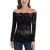 DJT Womens Sexy Off The Shoulder Tops Vintage Lace Floral Long Sleeve Slim Fit Party Tops T-Shirts