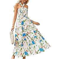GRACE KARIN Women's Summer Dresses 2024 Halter Neck Sleeveless Smocked Backless Cut Out Floral Flowy A Line Maxi Dress