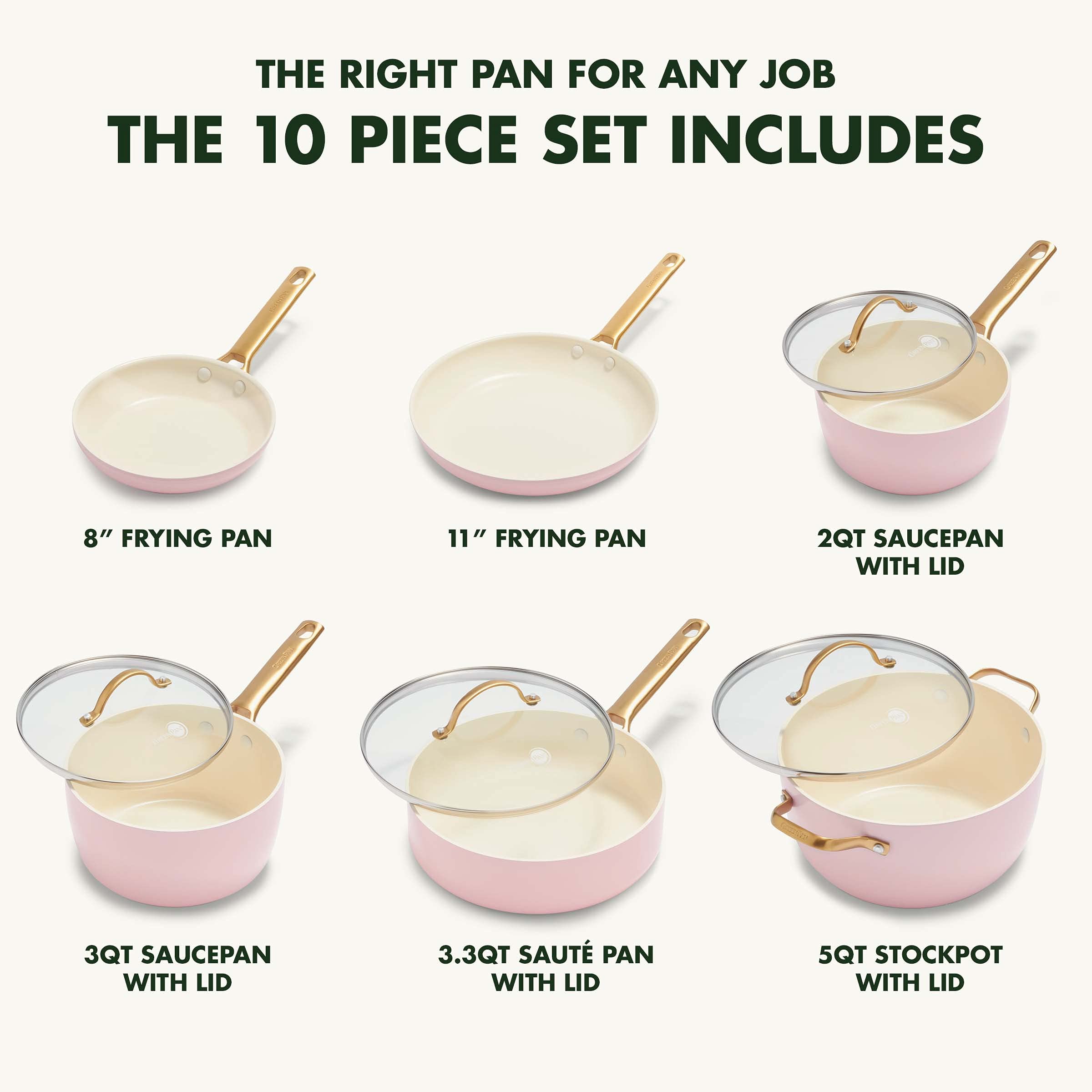 GreenPan Reserve Hard Anodized Healthy Ceramic Nonstick 10 Piece Cookware Pots and Pans Set, Gold Handle, PFAS-Free, Dishwasher Safe, Oven Safe, Blush Pink