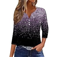 COTECRAM 3/4 Length Sleeve Womens Tops 2024 Casual Loose Fit Button V Neck T Shirts Cute Three Quarter Length Tunic Tops