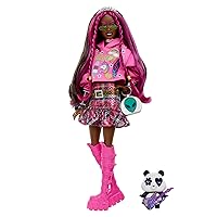 Barbie Extra Doll & Accessories with Pink-Streaked Brunette Hair in Graphic Hoodie & Plaid Skirt with Pet Panda
