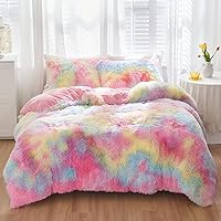 SUCSES Pink Faux Fur Girls Bedding Sets Full Size, 3 Pieces Plush Shaggy Fluffy Furry Duvet Cover Set, Colorful Rainbow Tie Dye Comforter Cover Set, Fuzzy Bedding Duvet Covers for Teens Girls