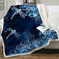 Sleepwish Blue and Indigo Dragonfly Soft Plush & Fuzzy Throw Sherpa Lined Fleece Bed Blanket Boho Insect Print Couch Sofa Plush Fuzzy Blanket Twin(60