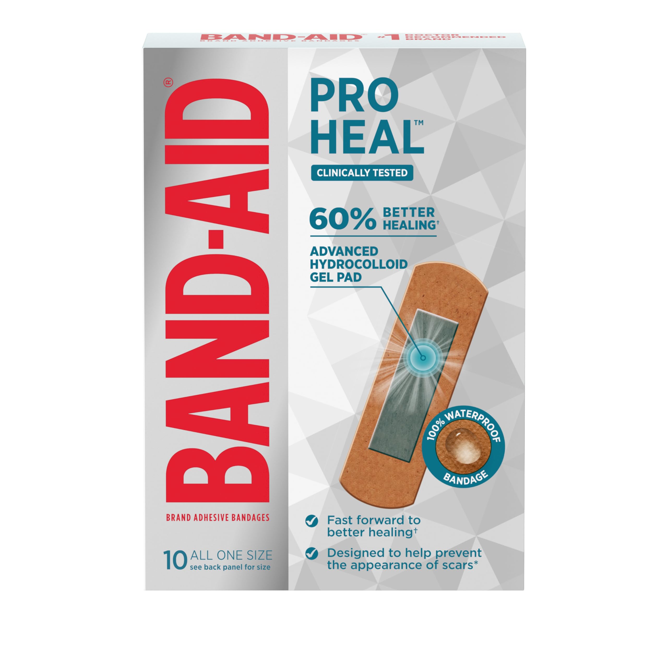 Band-Aid Brand Pro Heal Adhesive Bandages with Hydrocolloid Gel Pad, Clinically Tested Waterproof Bandages, Better Healing of Minor Wounds, Sterile First Aid Bandages, All One Size, 10 ct