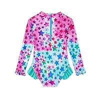 Baby Toddler Girl Long Sleeve Ruffle Swimsuit One Piece Zipper Rash Guard Bathing Suit with UPF 50+ Sun Protection