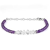 Dainty Amethyst and Herkimer Diamond Bracelet with 925 Sterling Silver Labster Clasp for Men and Women