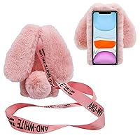 3D Bunny Ears Plush Case for Samsung Galaxy A03S with Crossbody Strap, Winter Warm Handmade Bling Diamond Soft Rabbit Fluffy Furry Fur Shockproof Protective Phone Cover, Light Pink